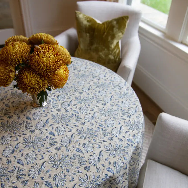 WOVEN FLORAL TABLECLOTH, BLUE