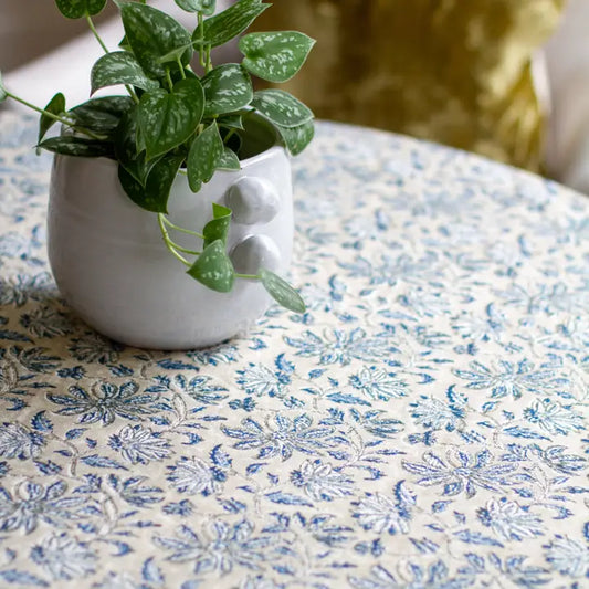 WOVEN FLORAL TABLECLOTH, BLUE
