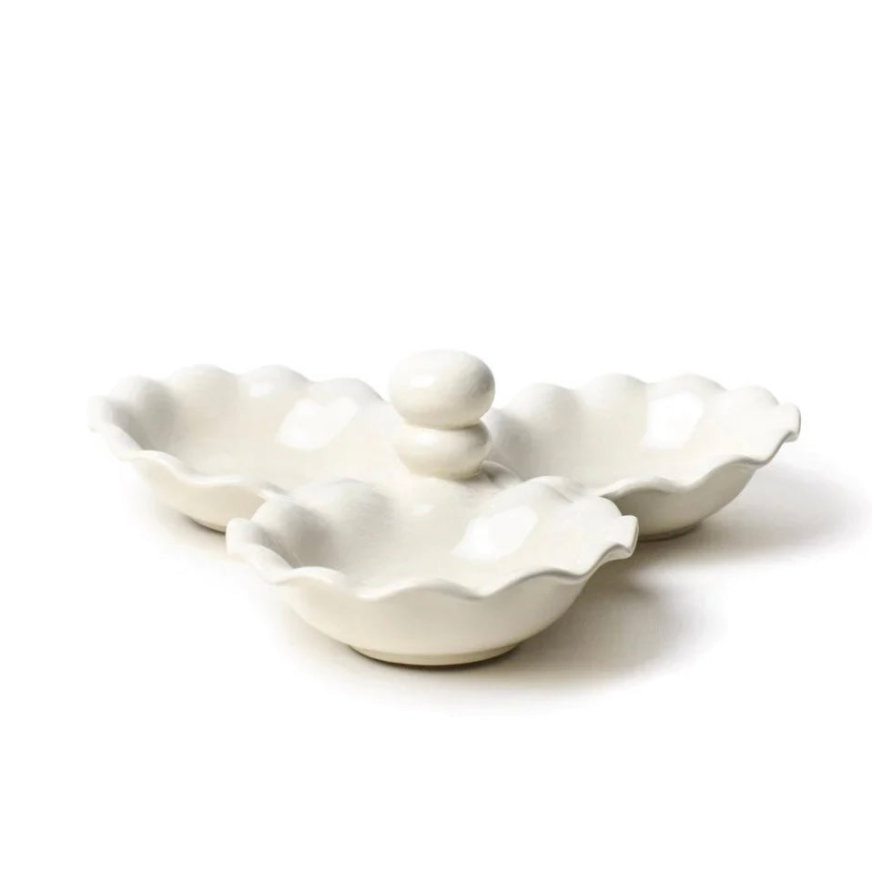 WHITE RUFFLE THREE BOWL SERVER