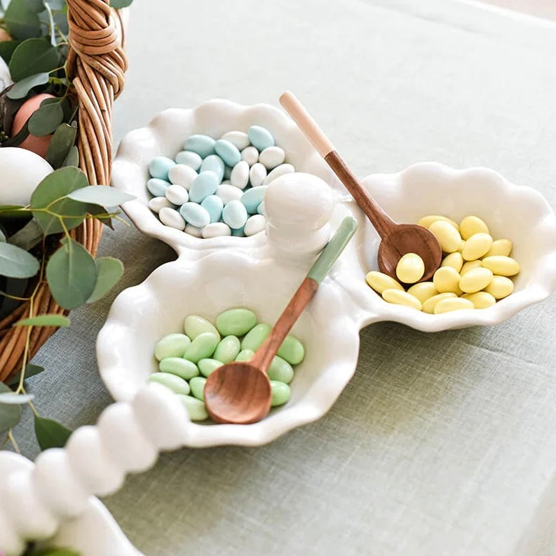 WHITE RUFFLE THREE BOWL SERVER