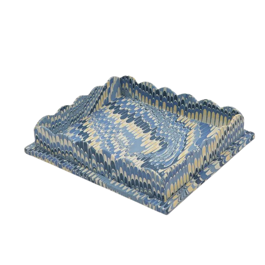 SCALLOPED TRAY SET, MARBLED MOUNTAIN BLUE