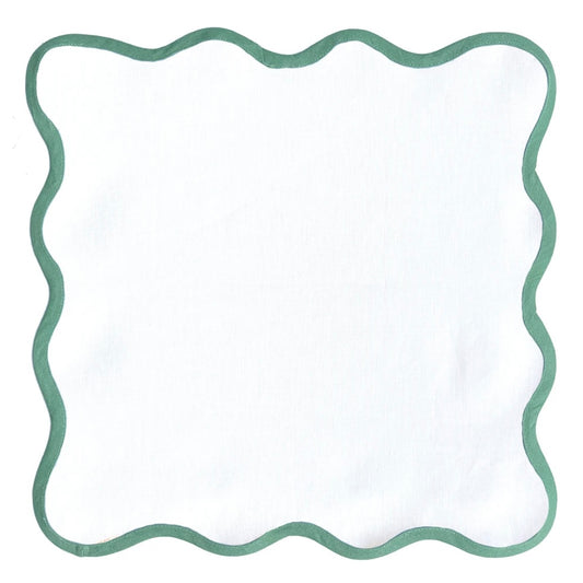 SCALLOPED LINEN SQUARE, GREEN TRIM (SET OF 4)