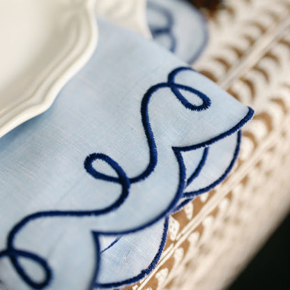 EMROIDERED RIBBON NAPKINS, BLUE (SET OF 4)