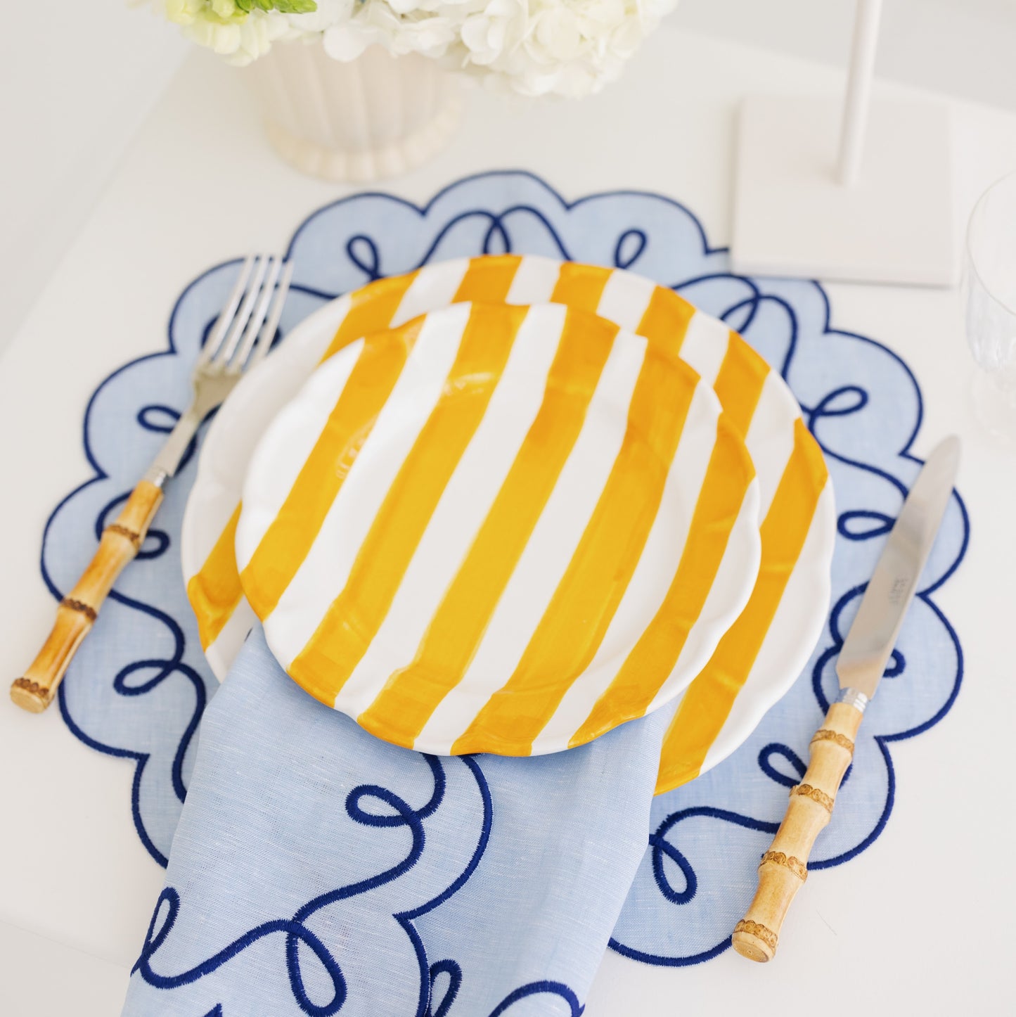 EMROIDERED RIBBON NAPKINS, BLUE (SET OF 4)
