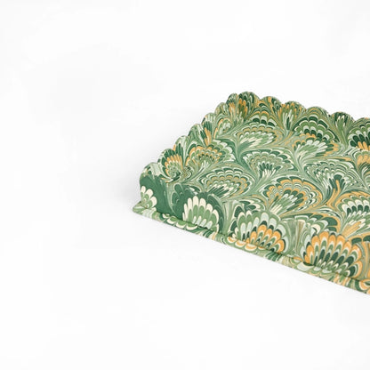 SCALLOPED TRAY SET, GREEN PEACOCK FEATHER