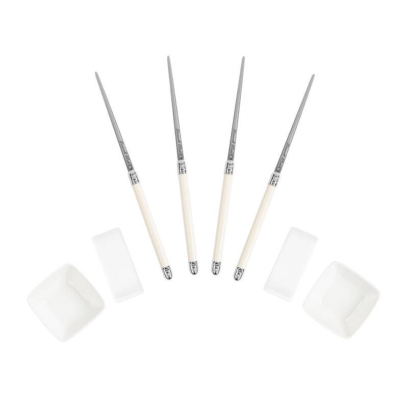 IVORY COLORED CHOPSTICKS & CERAMIC RESTS WITH SAUCE BOWLS