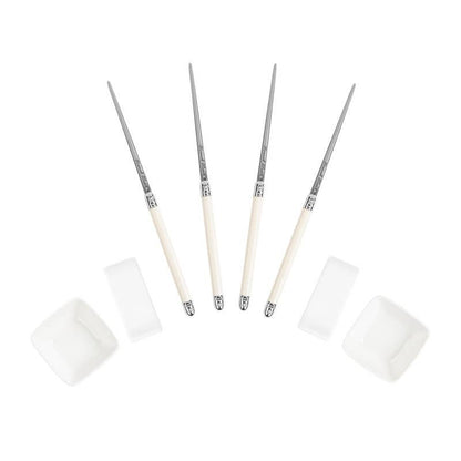 IVORY COLORED CHOPSTICKS & CERAMIC RESTS WITH SAUCE BOWLS