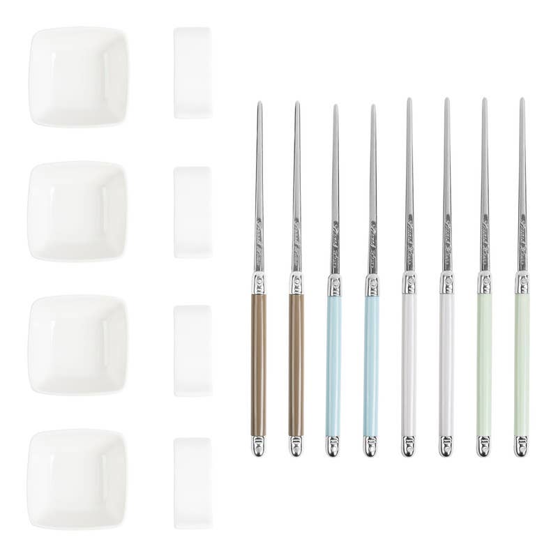 MOTHER OF PEARL CHOPSTICKS & CERAMIC BOWLS SET (4 PAIRS)
