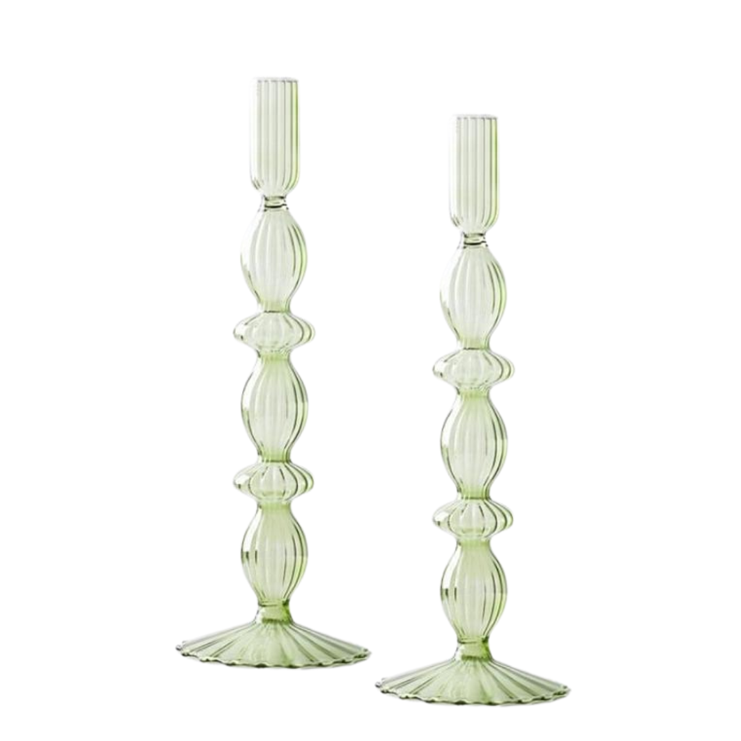 GREEN GLASS CANDLE HOLDER (SET OF TWO)