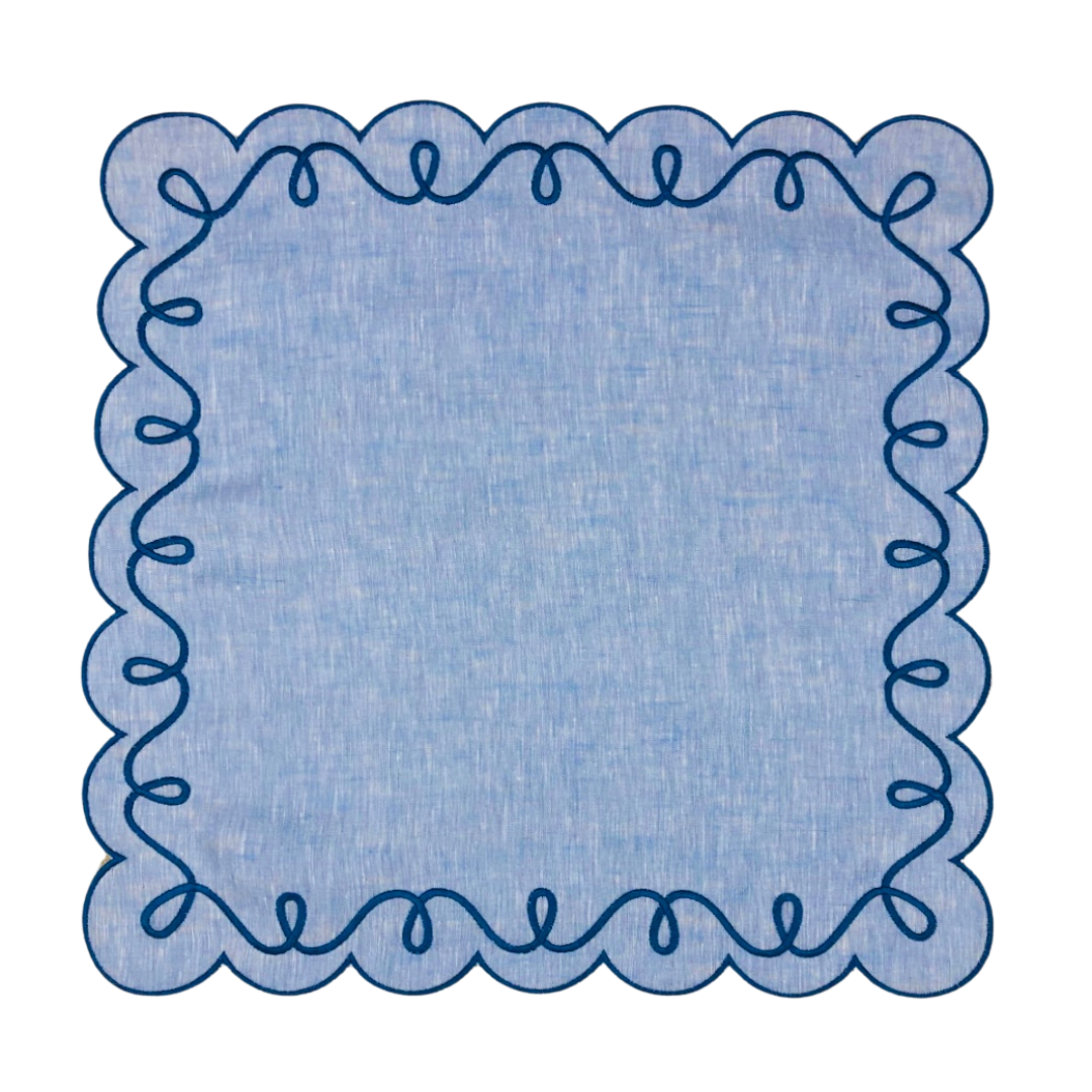 EMROIDERED RIBBON NAPKINS, BLUE (SET OF 4)