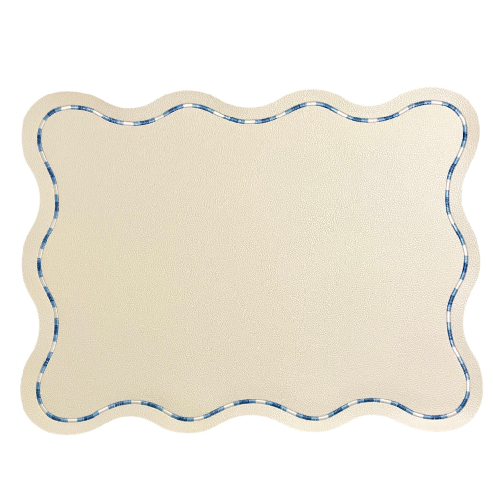 WIPEABLE SCALLOPED PLACEMAT, BLUE & WHITE