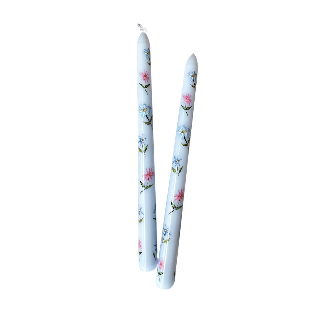 PAINTED TAPER CANDLES, BLUE FLORAL (SET OF 2)