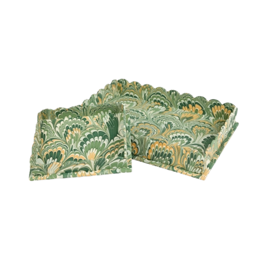 SCALLOPED TRAY SET, GREEN PEACOCK FEATHER