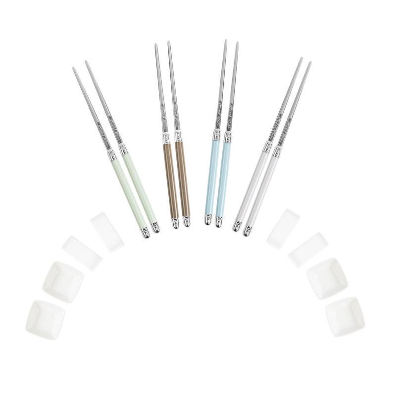 MOTHER OF PEARL CHOPSTICKS & CERAMIC BOWLS SET (4 PAIRS)