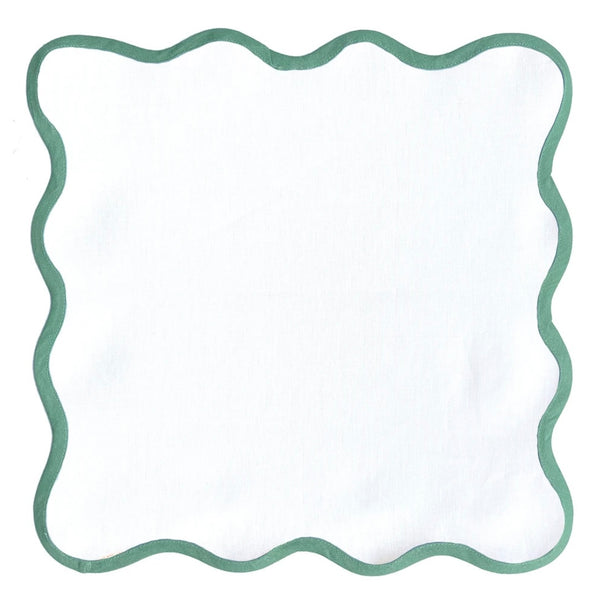 SCALLOPED LINEN SQUARE, GREEN TRIM (SET OF 4)